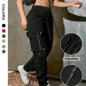 Black Cargo Jogger Pants with Zipper Details